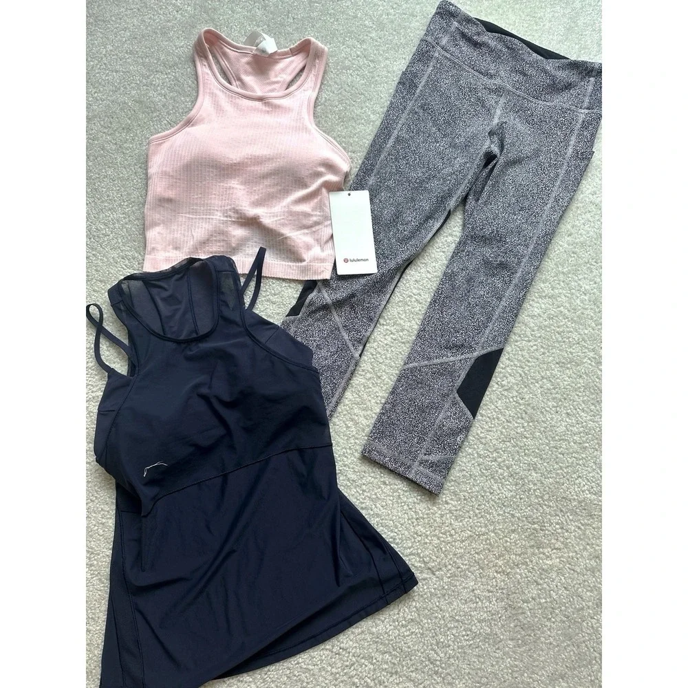 Lululemon Bundle Size 4 Lot Of 3 NWT EBB CROPPED TANK PINK, Navy Tank, Leggings